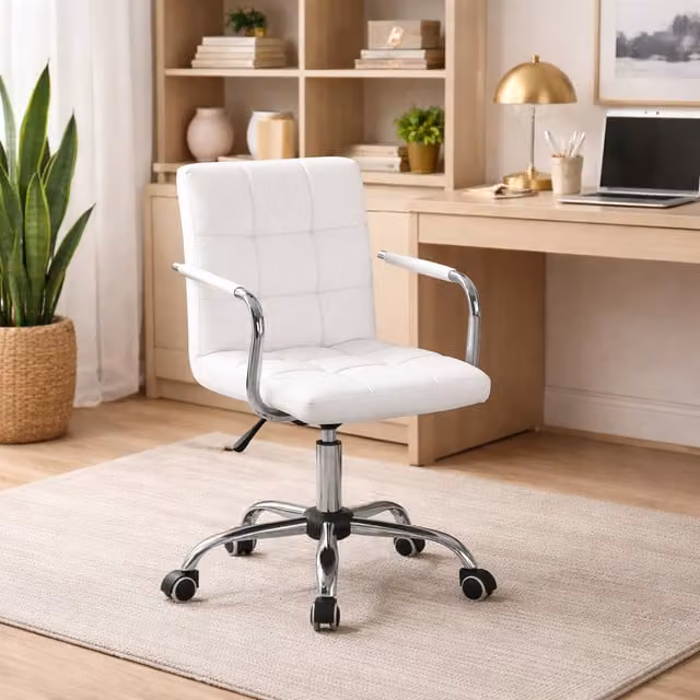 Home Treats Modern White Synthetic Leather Drafting Chair with Castors and 360 Degree Swivel