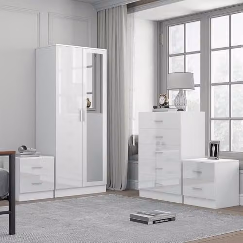 Reflect Modern Bedroom Furniture Set in White Gloss and Matt White Finish featuring 2 Door Mirror Wardrobe, 5 Drawer Tallboy Chest and 2 Bedside Tables