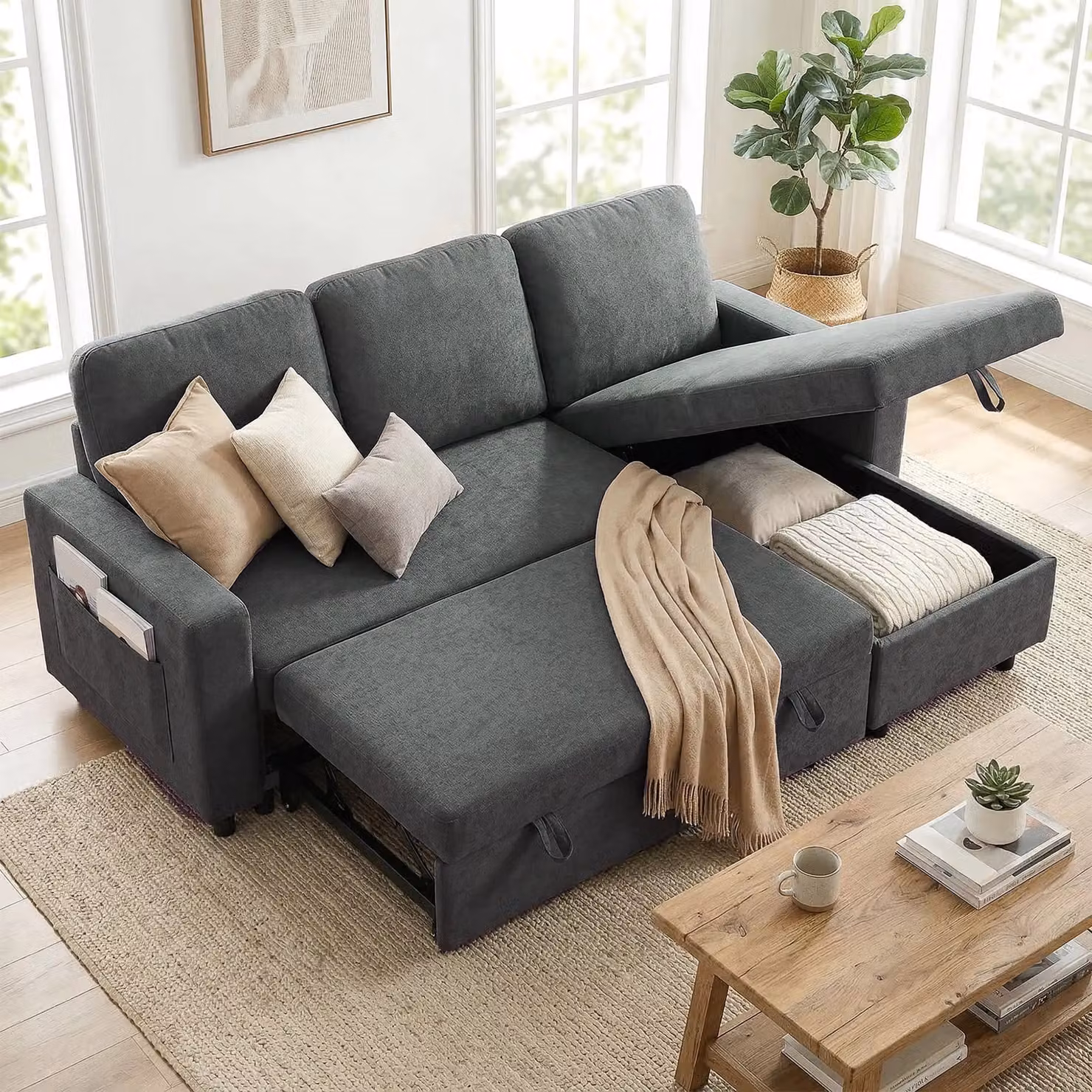HOMCOM L-Shape Corner Sofa Bed with Reversible Chaise and Pull Out Drawer in Dark Grey – 2