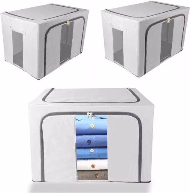 VOGREX 3-Piece Foldable Oxford Cloth Storage Box Set with Steel Frame, 66L, Grey – 1