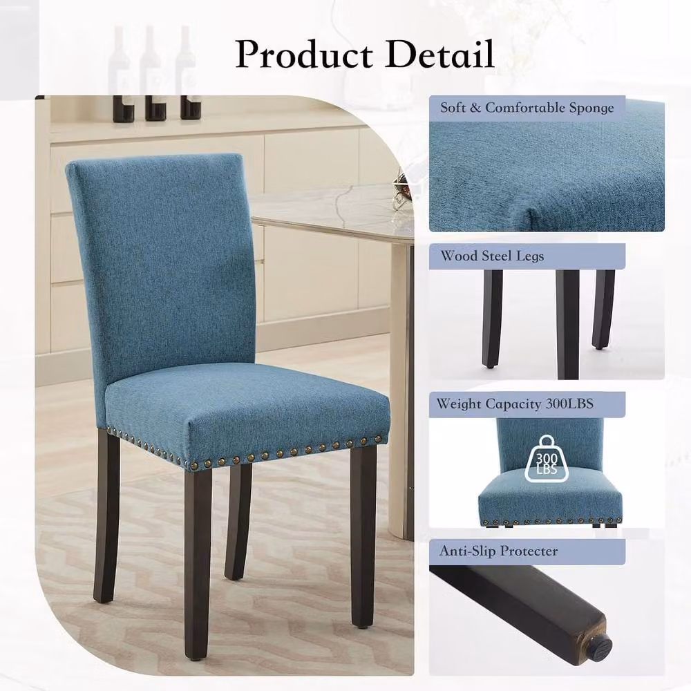 London Boutique Set of 2 Blue Upholstered Armless Dining and Kitchen Chairs with Rubberwood Frames – 3