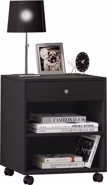 VCM Black Wooden Bedside Table with Castors – 1