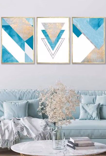 ARTZE Set of 3 Gold Framed Aqua Blue Abstract Mid Century Geometric Wall Art, W: 33 cm, H: 45 cm, D: 20 mm