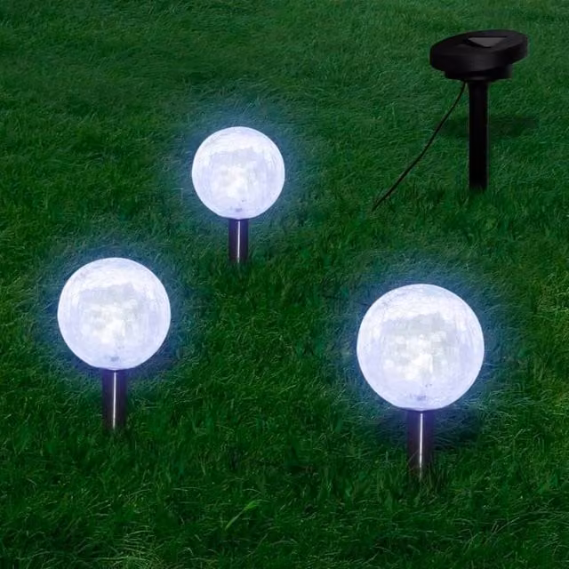 Berkfield Home Solar Bowl 3 LED Garden Lights in White with Ground Spikes and Dusk Sensor