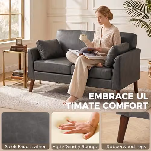 HOMCOM 2 Seater Sofa in Grey PU Leather with Rubberwood Legs, W: 132 cm, H: 79 cm, D: 74 cm – 3
