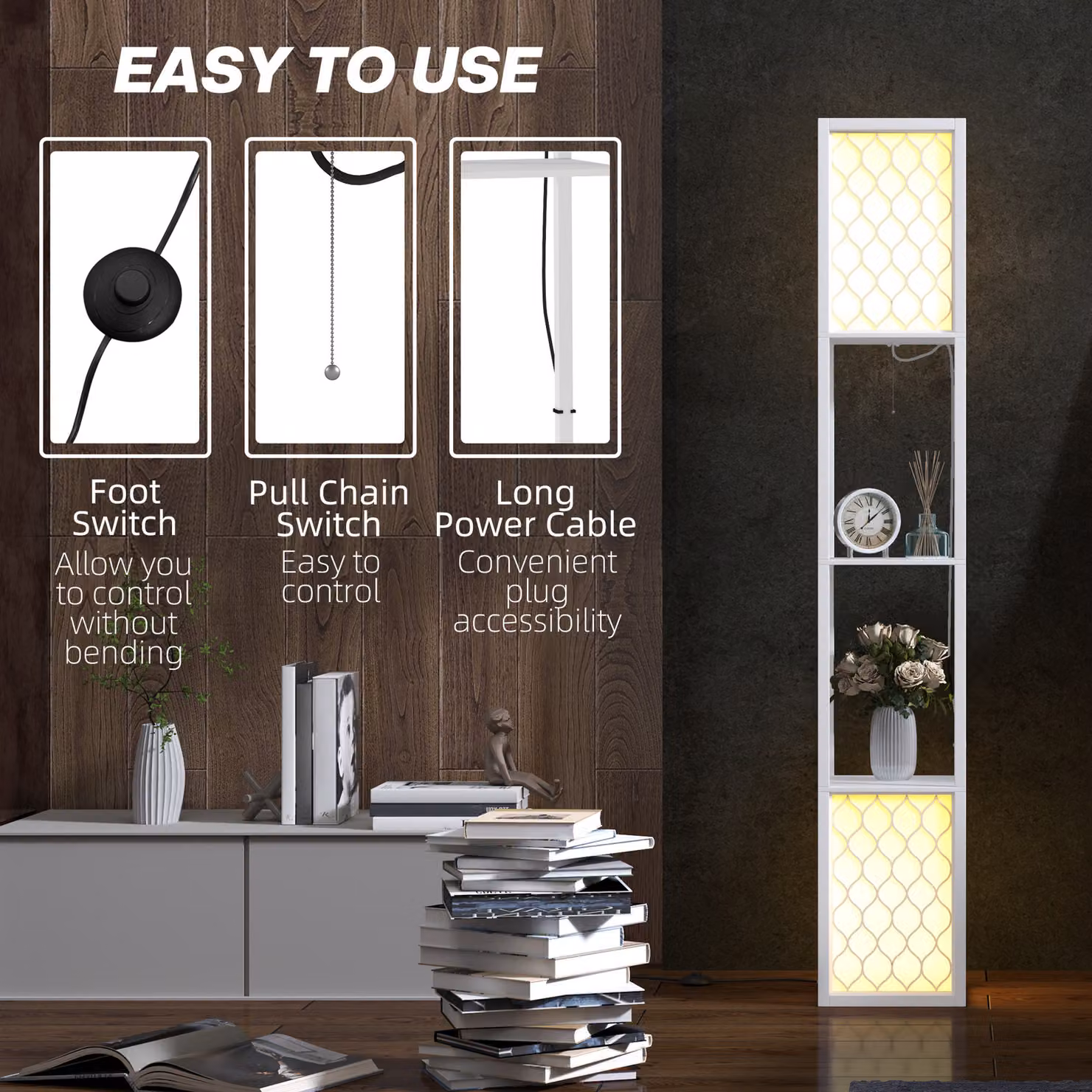 HOMCOM Modern White Floor Lamp with Shelves and Dual Up and Down Lighting – 5