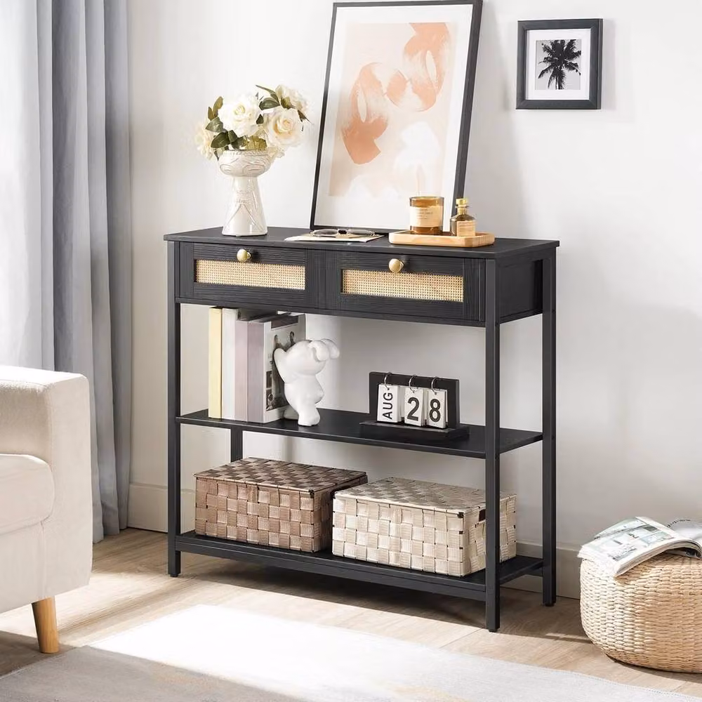 FORGEVIO Modern 3-Tier Black Rattan-Style Console Table – 4