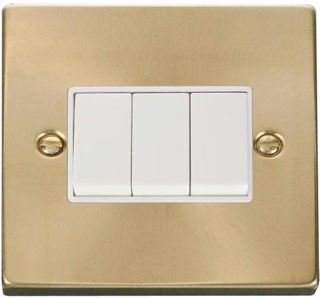 SE HOME Satin Brushed Brass 10A 3 Gang 2 Way Surface Light Switch, White