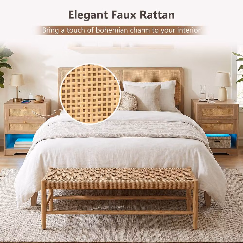 Gymax 2 Pack Rattan Bedside End Tables with Charging Station and LED Light Strip in Beige – 3