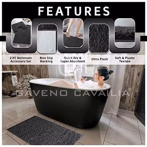 GC GAVENO CAVAILIA 2 Piece Non-Slip Zero Twist Bath Mat and Pedestal Set in Black, W/D/H: 80 x 50 cm and 50 x 40 cm – 3