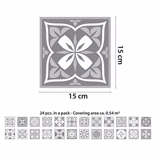 WALPLUS Purbeck Stone Grey Self Adhesive Wall Tile Stickers, 24 Pack, W/D/H: 15 x 15 x 0.54 cm – 3