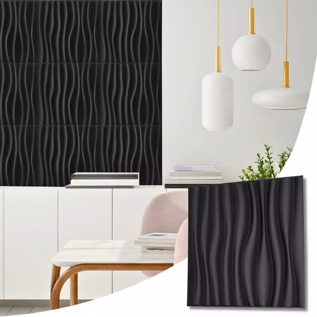 NOVECRAFTO Black Waves 3D PVC Wall Panels, W: 50 cm x H: 50 cm, Pack of 8