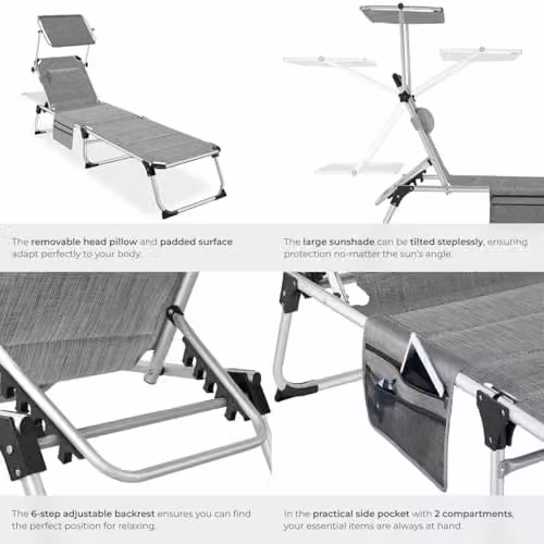 tectake Lorella Aluminium Sun Lounger with Upholstery in Grey, W/D/H: 115 x 60.5 x 60.5 cm – 4