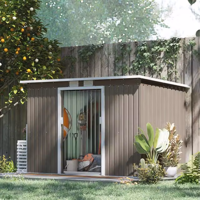 Outsunny Grey Galvanised Steel Pent Garden Storage Shed with Double Doors and Window, W: 370 cm, D: 122 cm, H: 200 cm