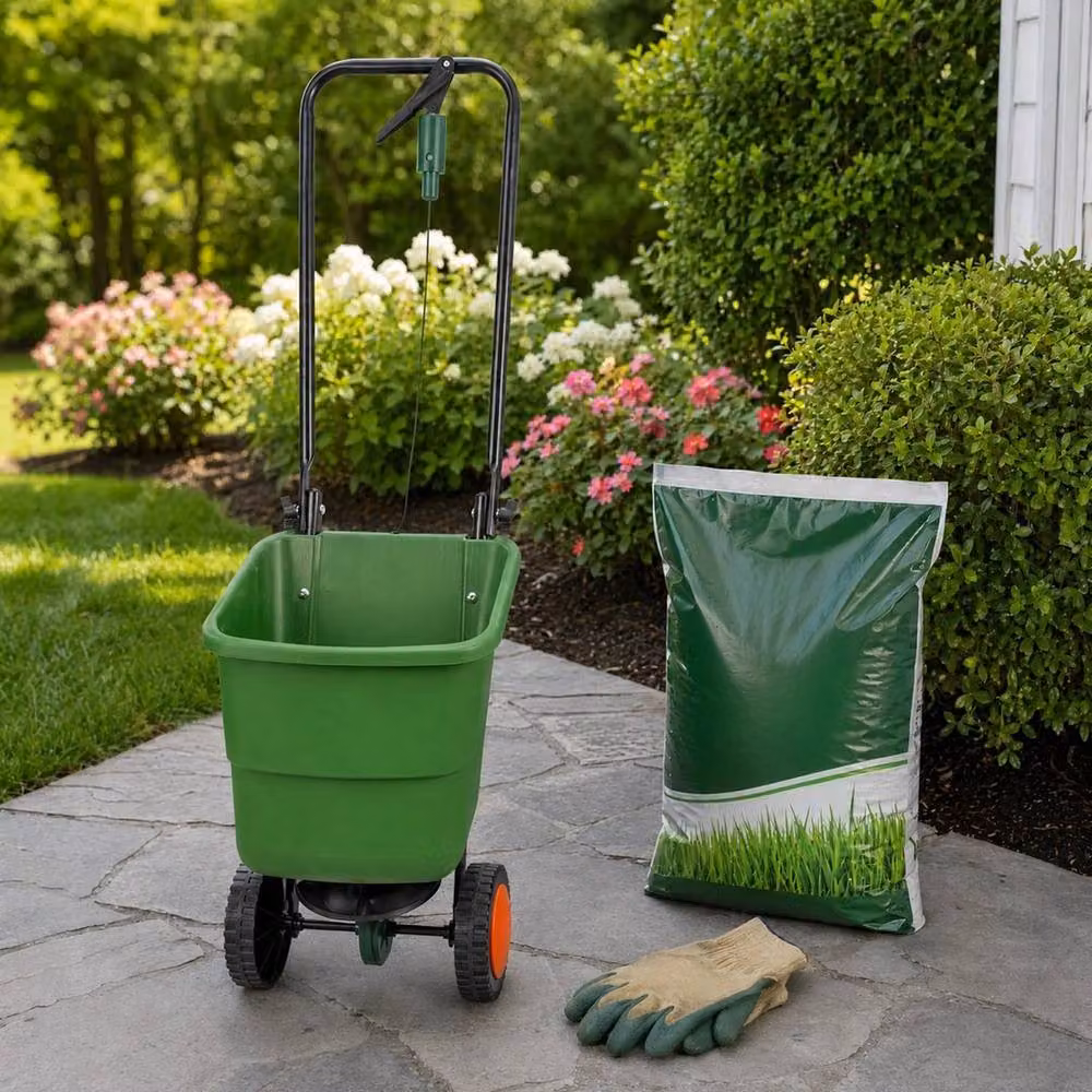 Kelvenix Green Adjustable Manual Rotary Broadcast Lawn Spreader with Wheels – 4