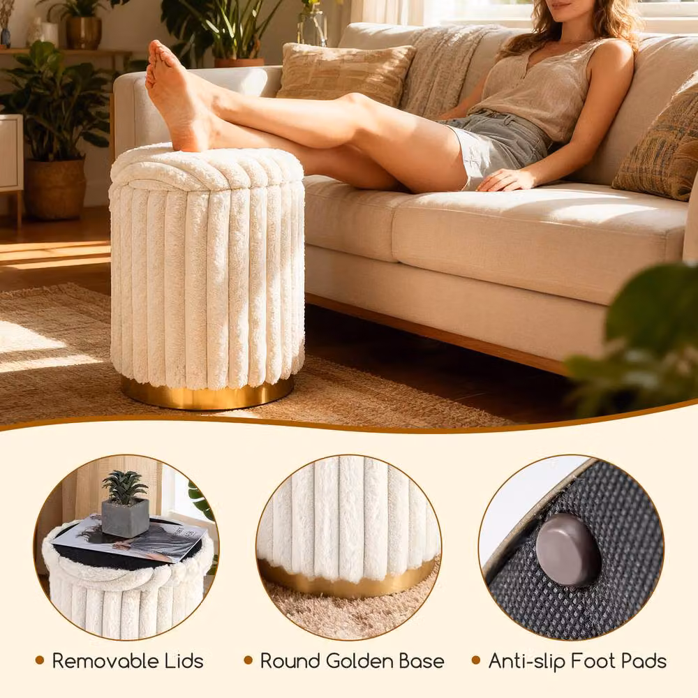 Costway Modern Set of 2 Cylindrical Fabric Ottomans with Detachable Lids in Cream White – 5