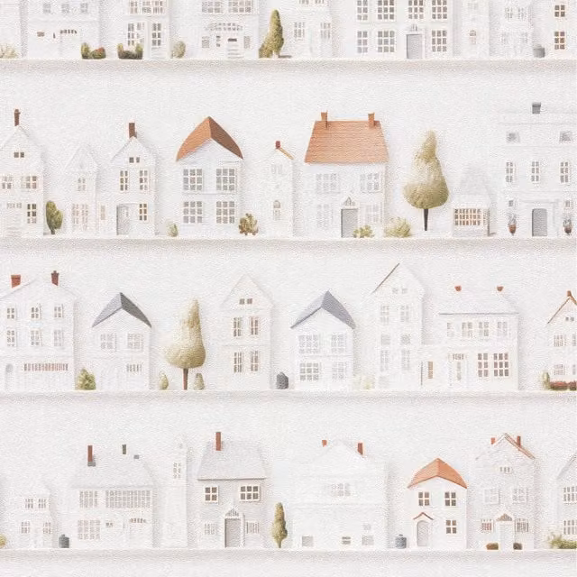Erismann Little Town House City Pattern Vinyl Wallpaper, White