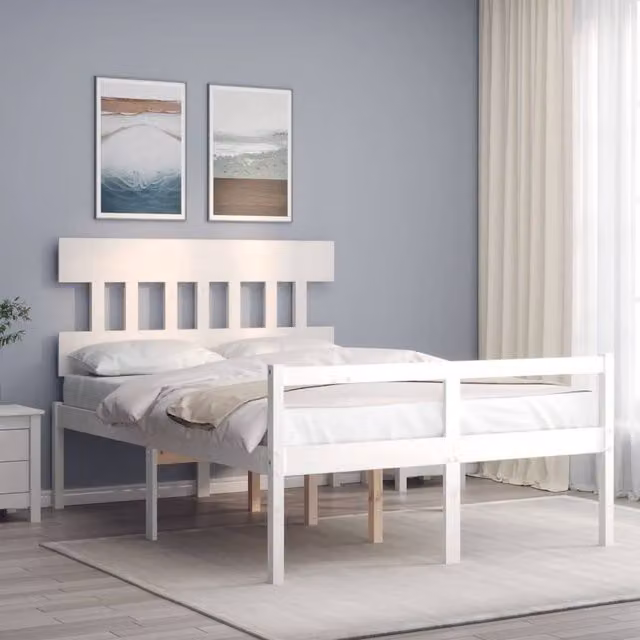Berkfield Home White Solid Pine Bed Frame with Headboard W/D/H: 140 x 190 cm – 1