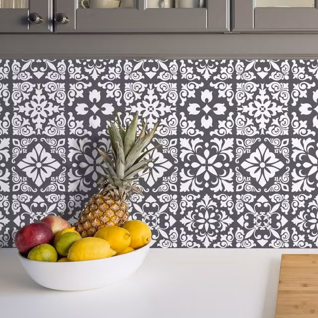 Walplus Adhesive Floral Wall Tile Stickers in Grey and White, 24 Pack, 15 x 15 x 15.5 cm