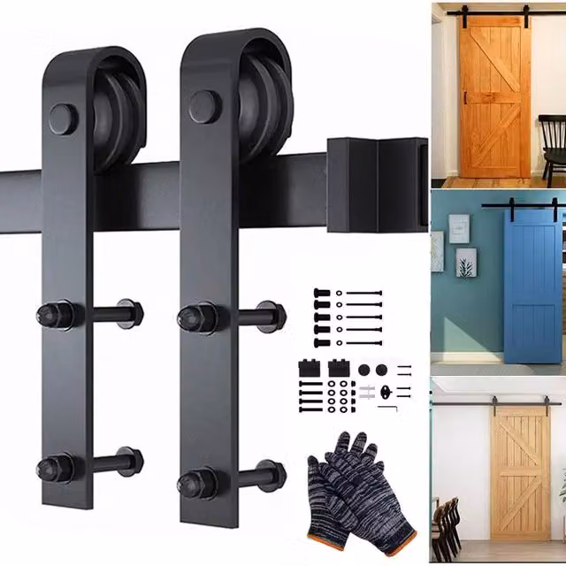 Hinsinc 6.6ft Sliding Wood Barn Door Track System Kit in Black Powder Coated Steel