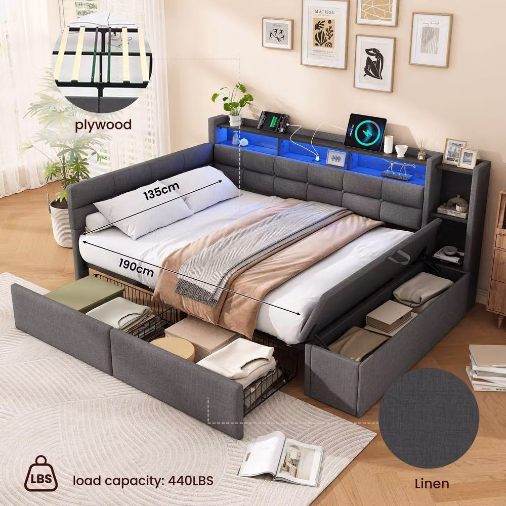 Merax Double Upholstered Storage Bed in Grey with LED Lighting, USB Charging Port and Drawers, W/D/H: 140 x 200 x 149 cm – 4