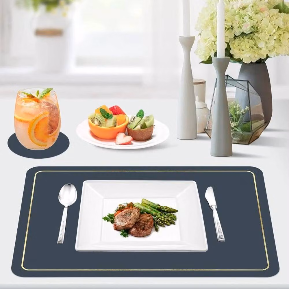 FORGEVIO 8-Piece Dark Blue PU Leather Coaster and Placemat Set – 3