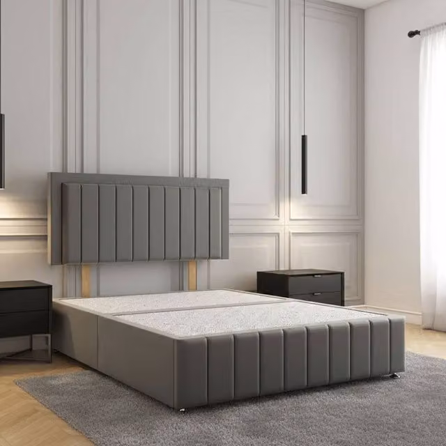 REGIONAL FURNISHINGS Grey Velvet Upholstered Double Divan Bed Base with 24 inch Headboard and Footboard, W/D/H: 140 x 200 cm