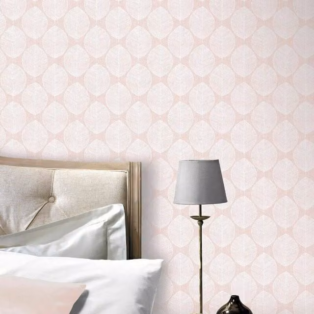 Arthouse Scandi Leaf Outline Geometric Nature Wallpaper in Pink, White and Silver