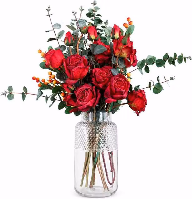 Leaf Premium Red Artificial Rose and Eucalyptus Mixed Floral Arrangement in a Geometric Glass Diamond Vase, Height: 60 cm – 1