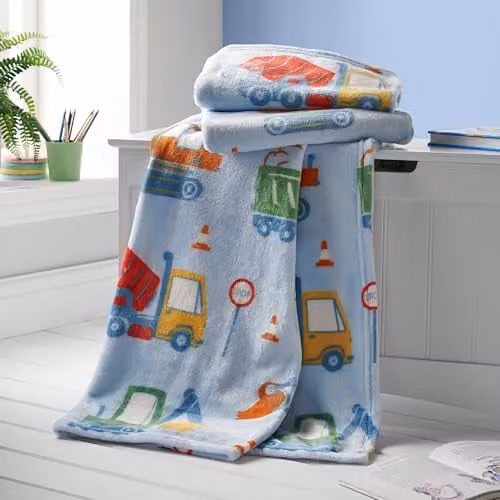 Catherine Lansfield Digger Dreams Kids Fleece Throw Blue W/D/H: 130 x 170 cm