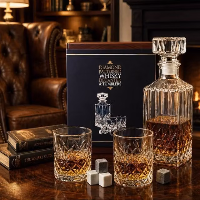 Kimm and Miller Whisky Gift Set with 900ml Geometric Glass Decanter, Glasses and Whisky Stones in Clear – 1