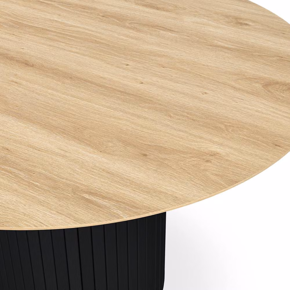 More4Homes Arlo Oak Round Dining Table with Black Legs and 6 Myla Linen Dining Chairs Set – 3