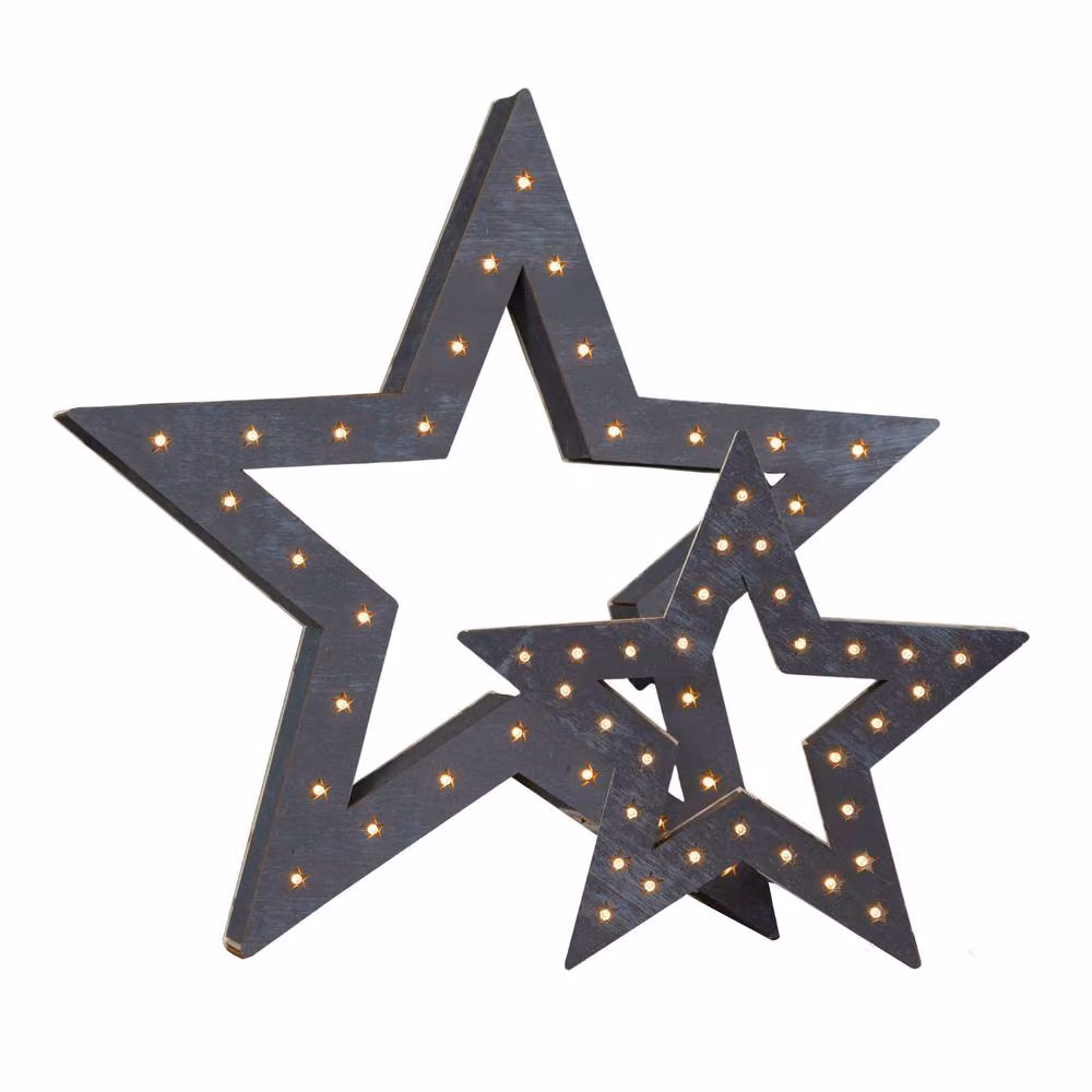 Samuel Alexander Set of 2 Battery Operated Wooden Christmas Stars with 60 Warm White LEDs in Grey – 5