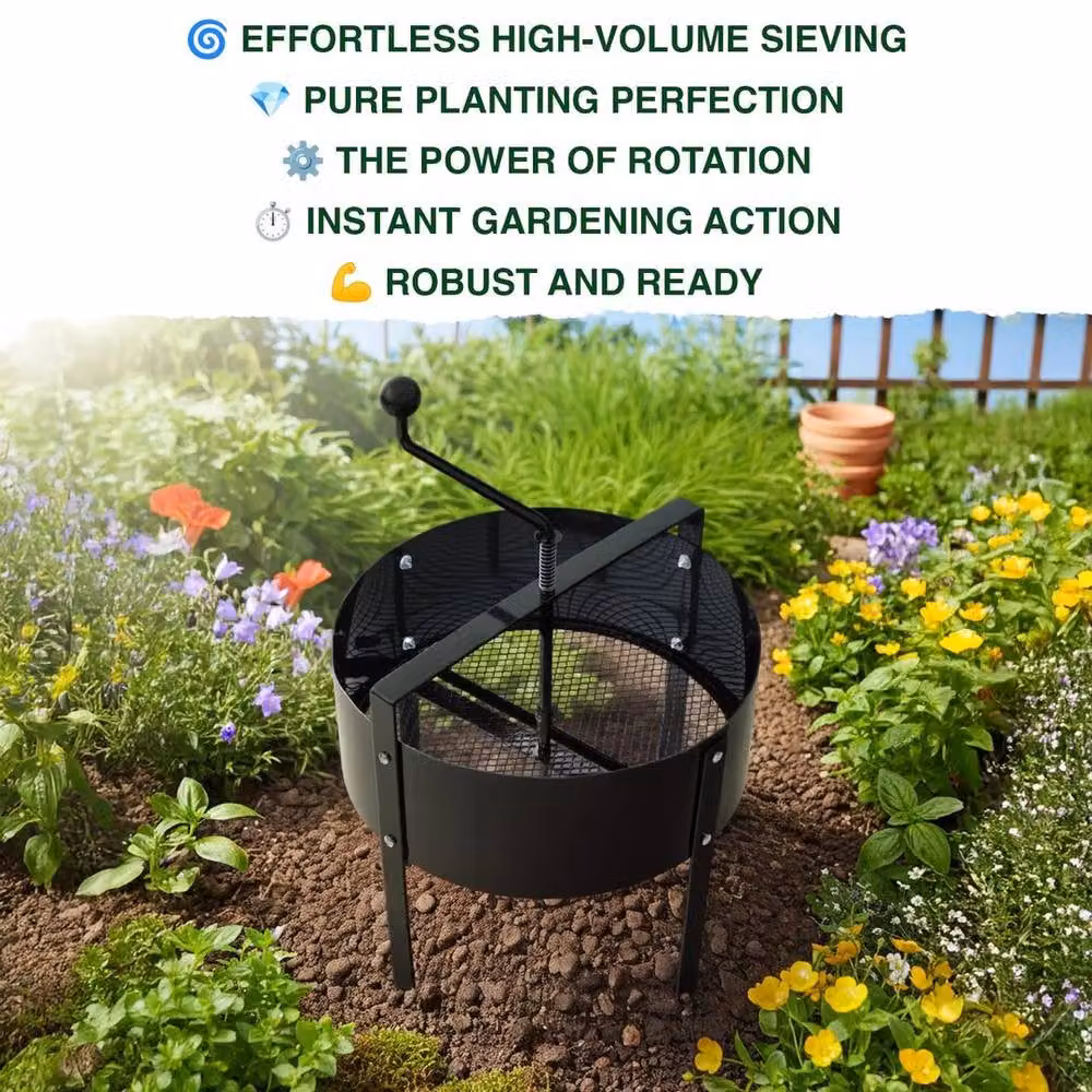 KORVIXA Heavy Duty Steel Rotary Garden Soil Sieve and Compost Sifter, Black, 18L – 4
