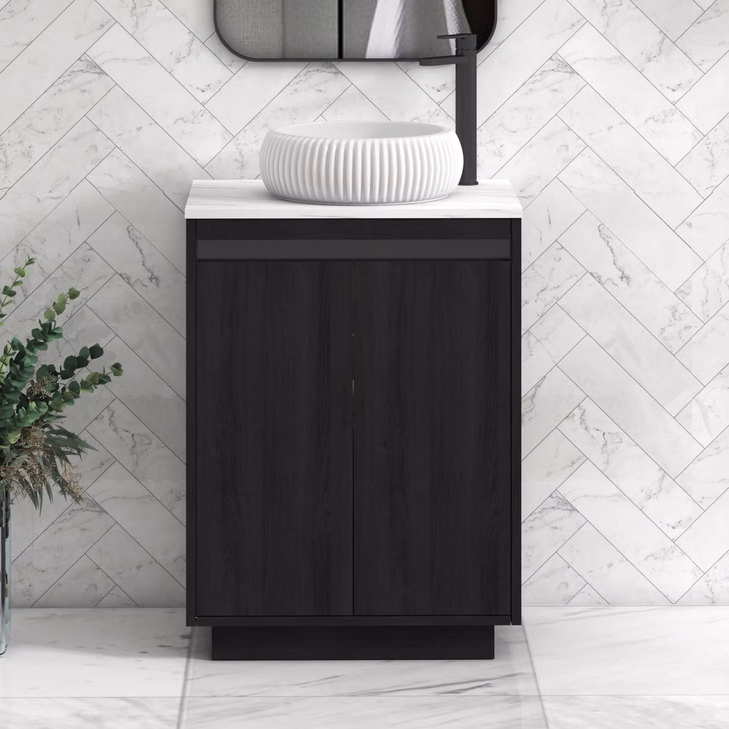Royal Bathrooms Orion 600mm Hale Black Floor Standing 2 Door Vanity Unit with Milan Carrara White Countertop and Black Accent Trim