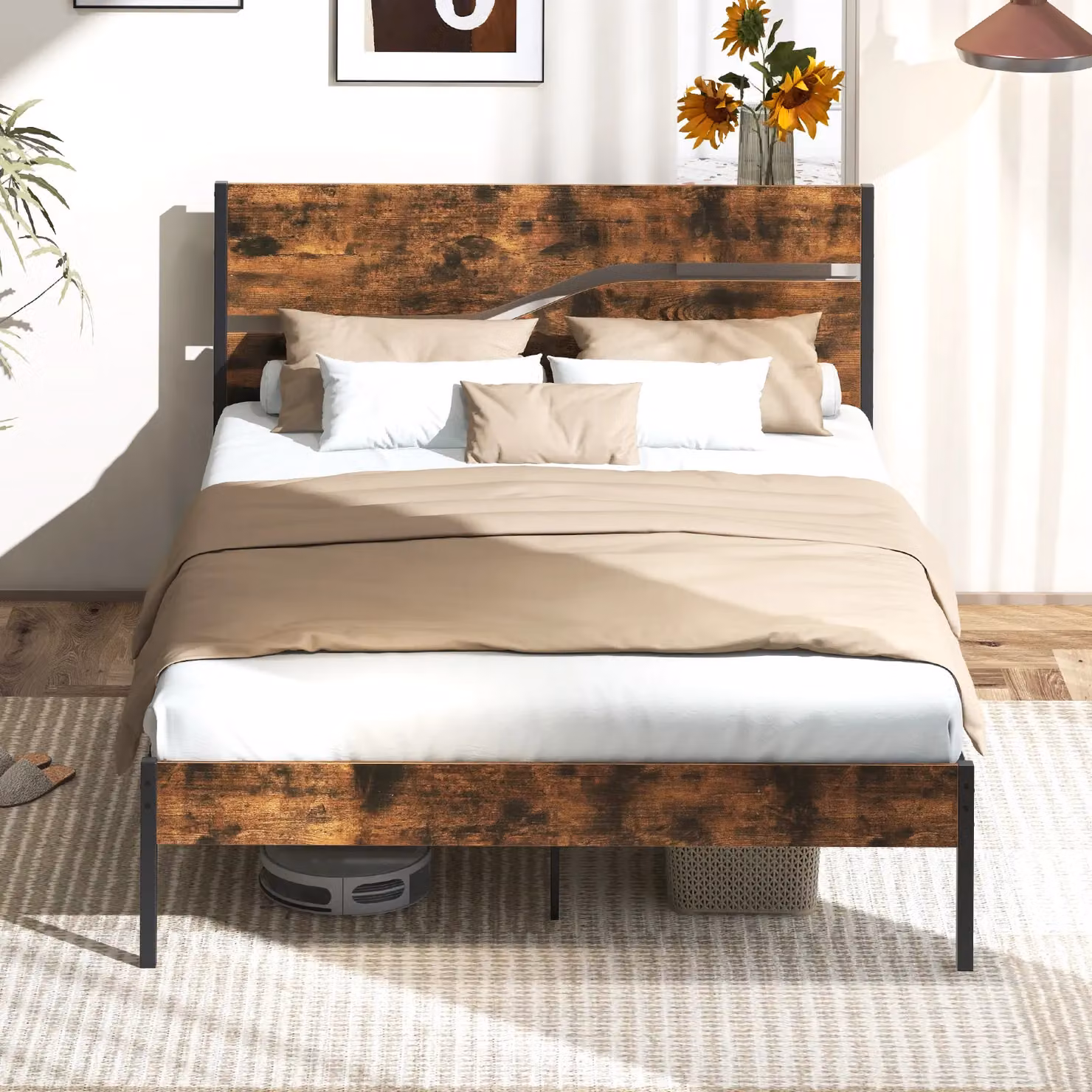 Costway King Metal Industrial Platform Bed with Brown Wooden Headboard, 180 x 200 cm – 6