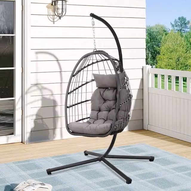 Breeins Black Rattan Outdoor Hanging Chair with Stand and Cushion