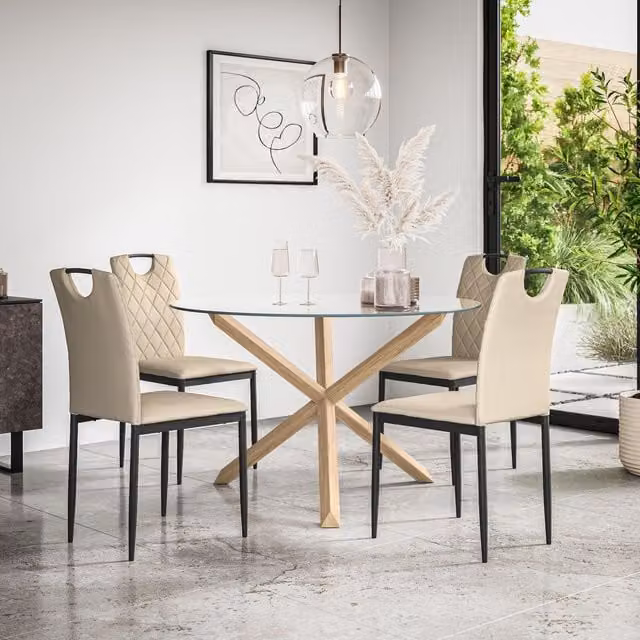 More4Homes Malvern Round Dining Table with Clear Glass Top and Solid Oak Legs and Monza Faux Leather Dining Chairs in Beige, Set of 4 – 1