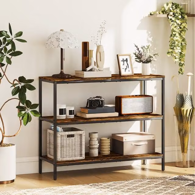 HOMCOM Industrial Console Table with Tier Storage Shelves in Rustic Brown and Black