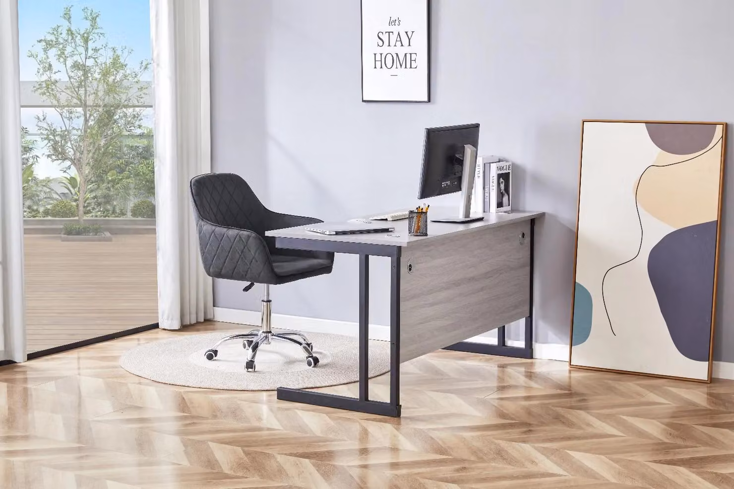 KOSY KOALA Grey Modern Office Desk and Black Upholstered Chair Set with Wood and Metal Construction – 3