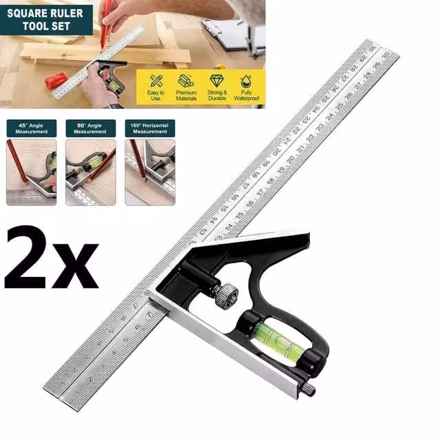 ATEK 2-Piece Stainless Steel Combination Square Set, 300 mm Silver Engineers Square and Adjustable Carpentry Ruler