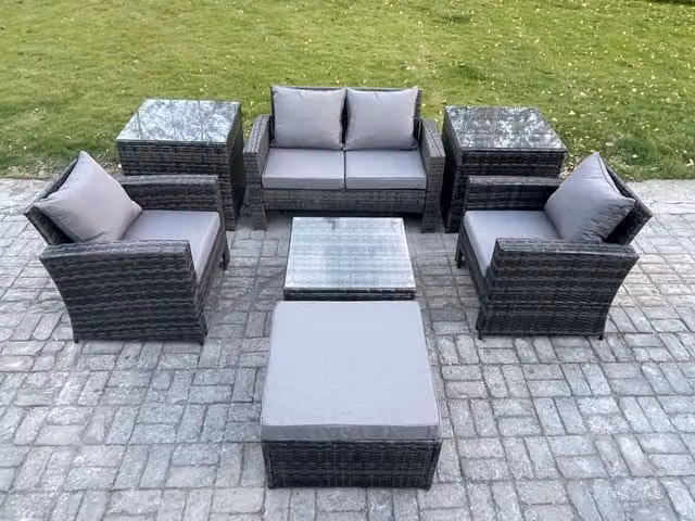 Fimous 5 Seater Rattan Garden Furniture Set in Dark Grey with High Back Sofa, Square Coffee Table and Ottoman
