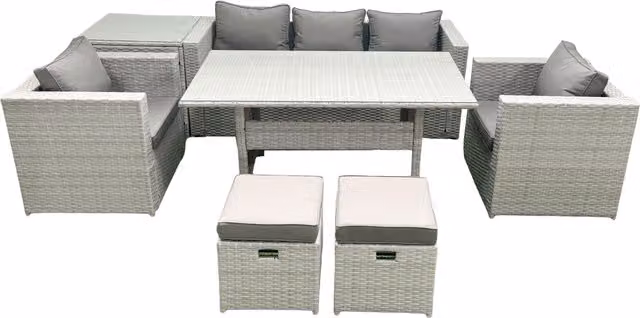 Fimous Garden Dining Set with Rattan Sofa, Dining Table, 2 Chairs, 2 Footstools and Side Table in Light Grey
