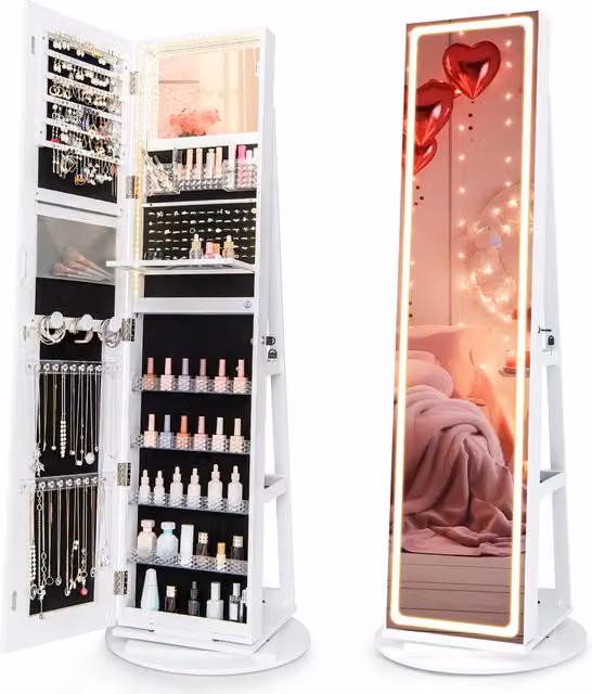 Costway White Glossy Swivel Jewellery Cabinet with Lock, LED Lighting and Mirror