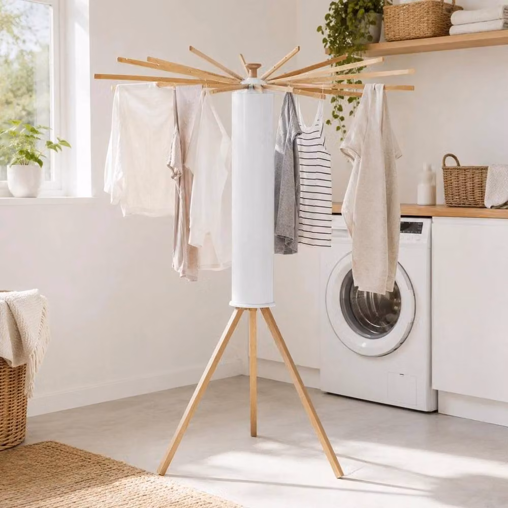 EONLION Foldable Wooden Clothes Airer Drying Rack with 16 Rod Arms in White, 100 cm – 2
