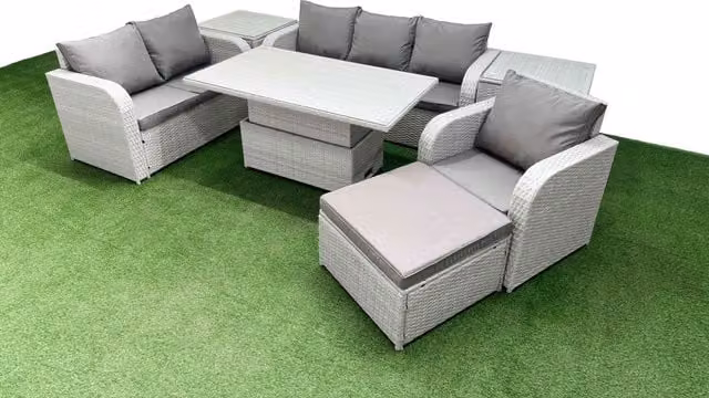 Fimous Patio 7 Seater Grey Rattan Outdoor Furniture Set with Adjustable Coffee Table, 2 Seater Sofa and Reclining Chairs – 1