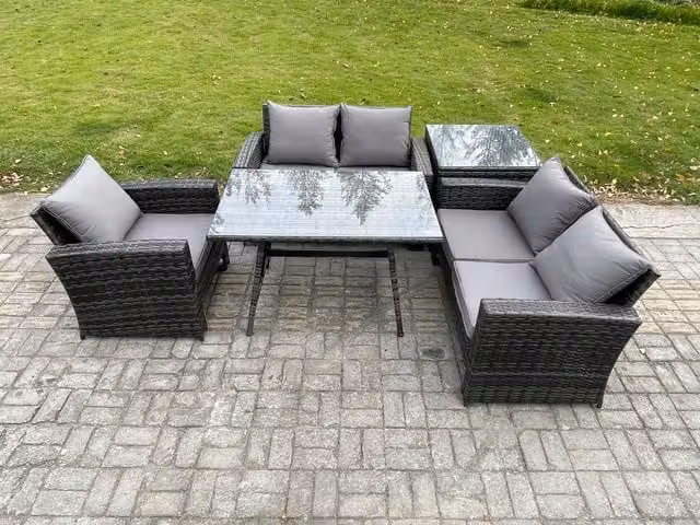 Fimous Dark Grey PE Rattan Garden Dining Set with Rectangular Table, Love Seat and Side Table