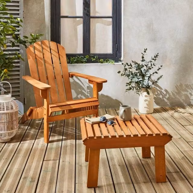 sweeek Retro Wooden Garden Deck Chair with Side Table and Armrests in Light Brown – 1
