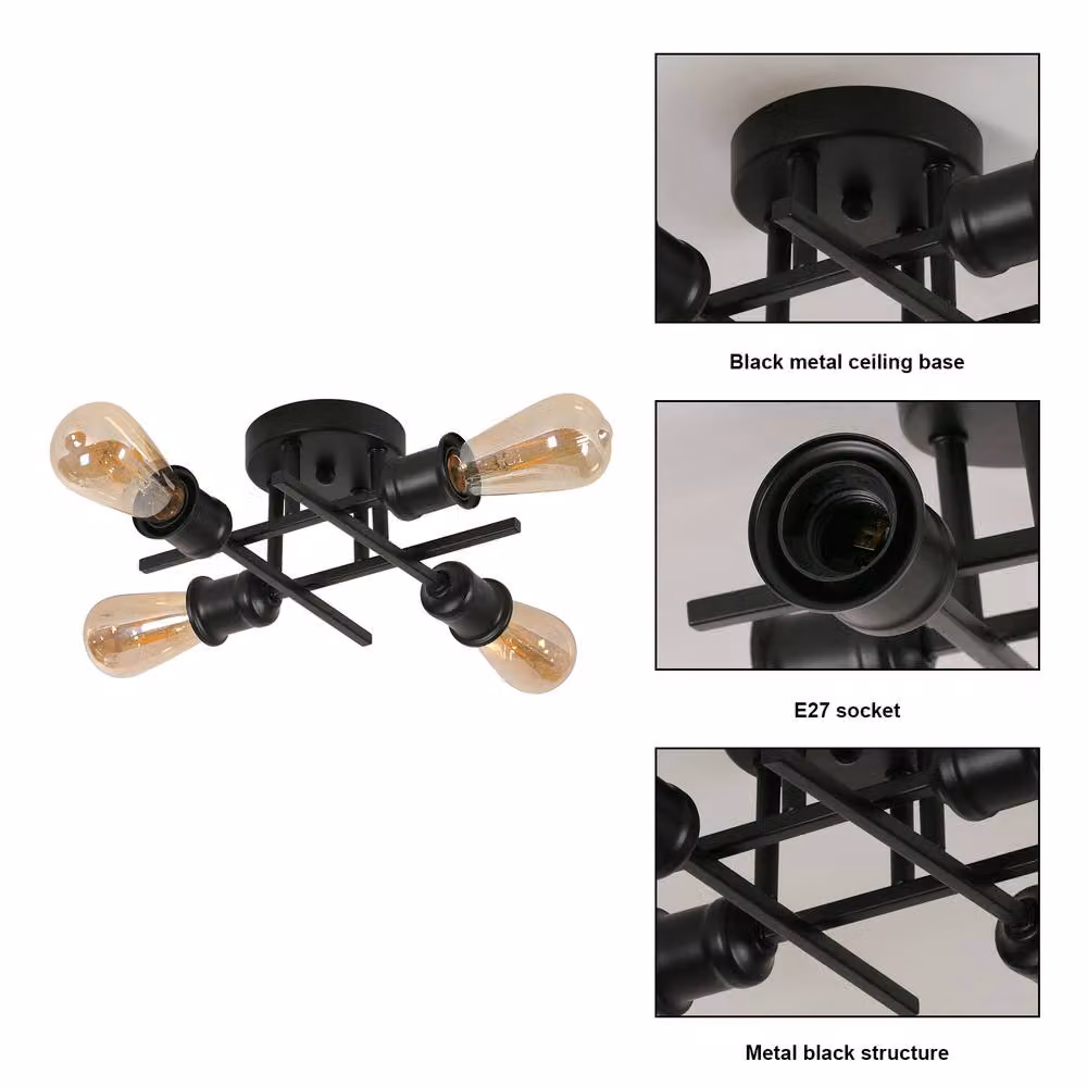 Goeco Vintage Industrial Ceiling Light in Black with 4 E27 Lamp Holders – 5