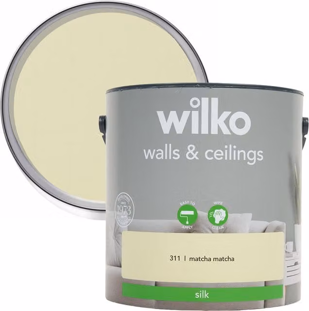 wilko Walls and Ceilings Silk Emulsion Paint in Matcha Green and Yellow
